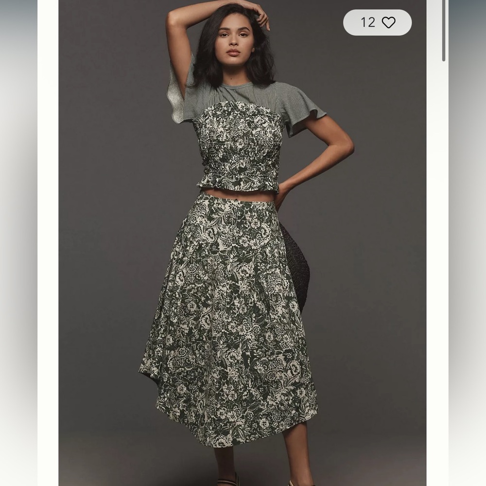 Smocked Linen Midi Skirt